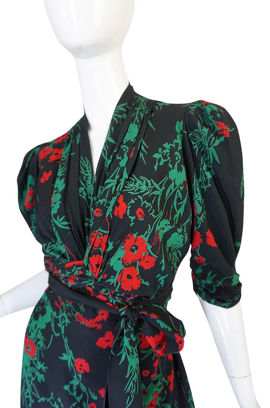 Women's 1930s Fashion Originators Guild Blue & Red Floral Silk Dress