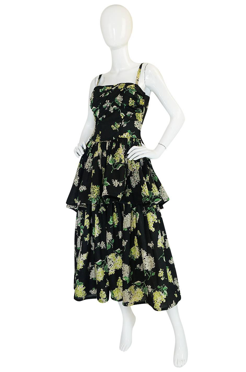 Black Late 1940s Sequin & Floral Print Cotton Voile Tiered Skirt Dress