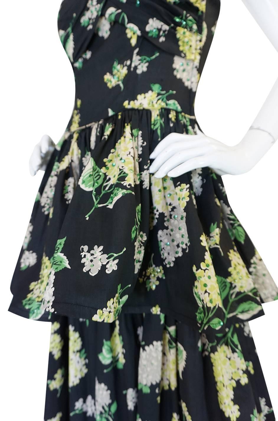 Women's Late 1940s Sequin & Floral Print Cotton Voile Tiered Skirt Dress