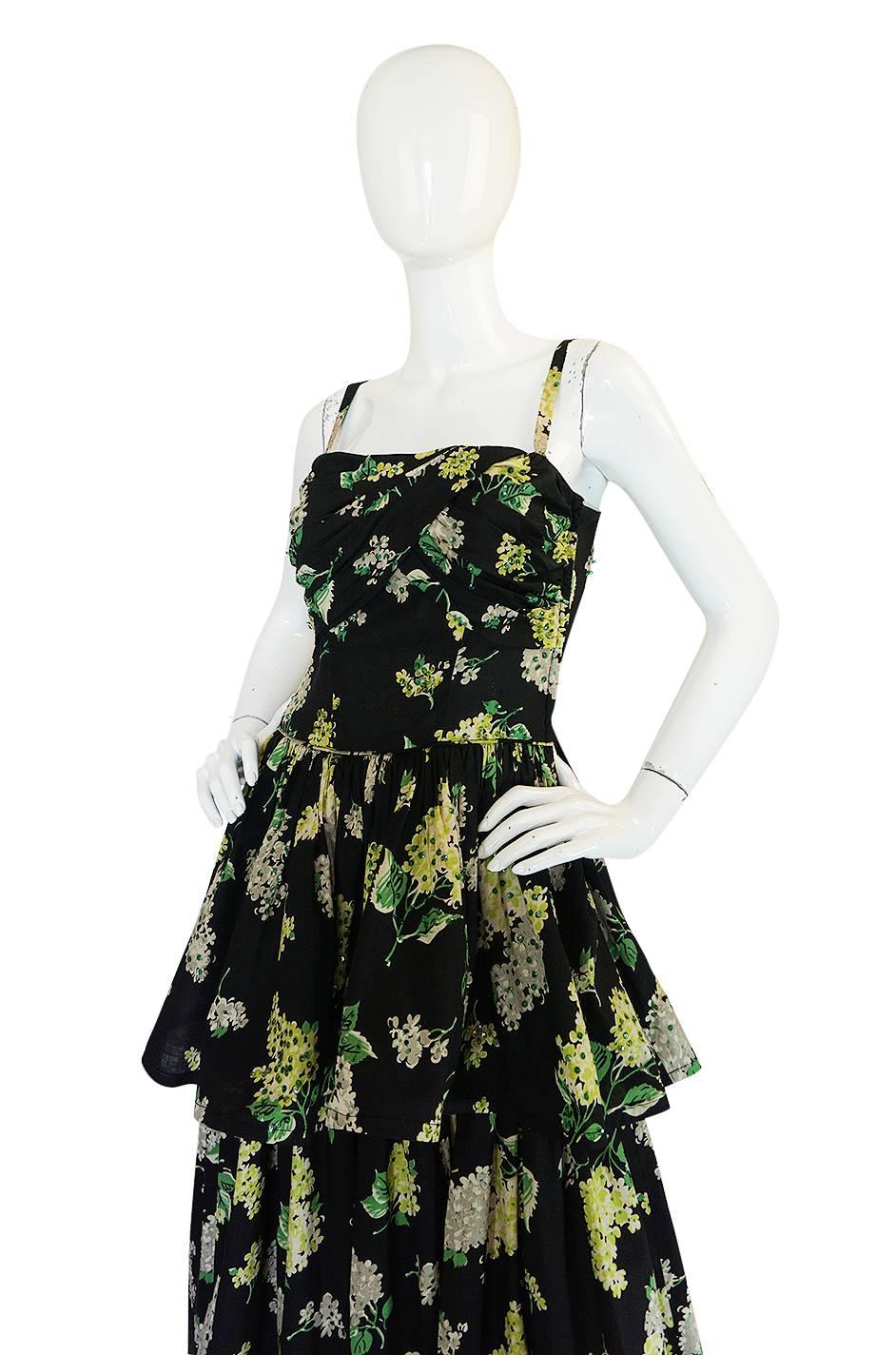 Late 1940s Sequin & Floral Print Cotton Voile Tiered Skirt Dress 1
