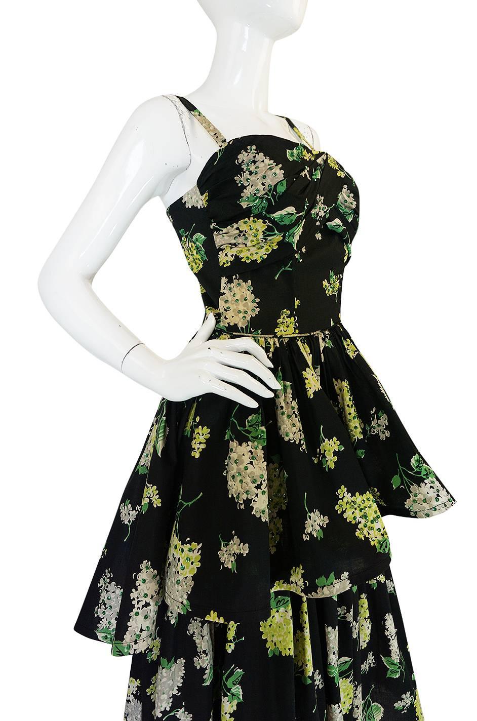 Late 1940s Sequin & Floral Print Cotton Voile Tiered Skirt Dress 2