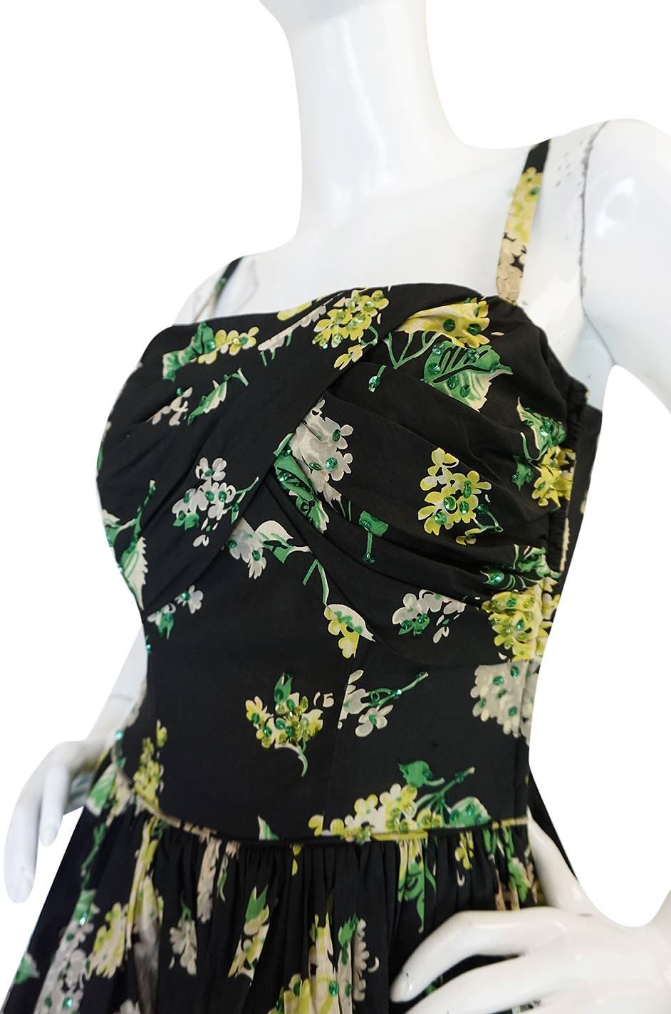 Late 1940s Sequin & Floral Print Cotton Voile Tiered Skirt Dress 4