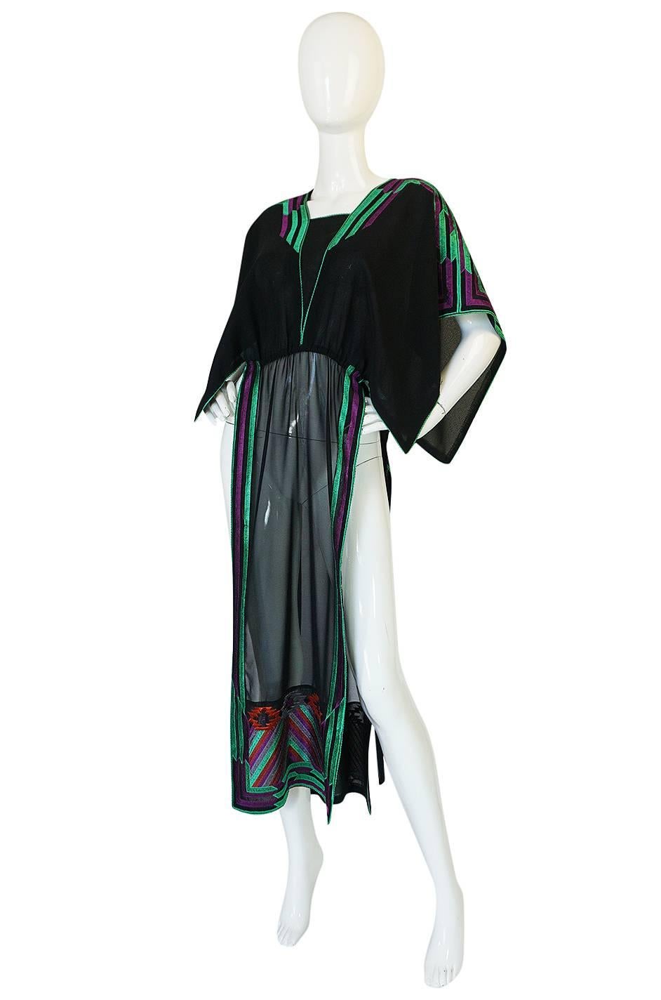Black c1970-74 Janice Wainwright Embroidered Caftan Tabard & Skirt Set