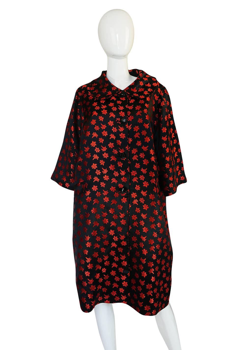 Women's 1950s Black Silk w Red Embroidered Floral Detail Swing Coat