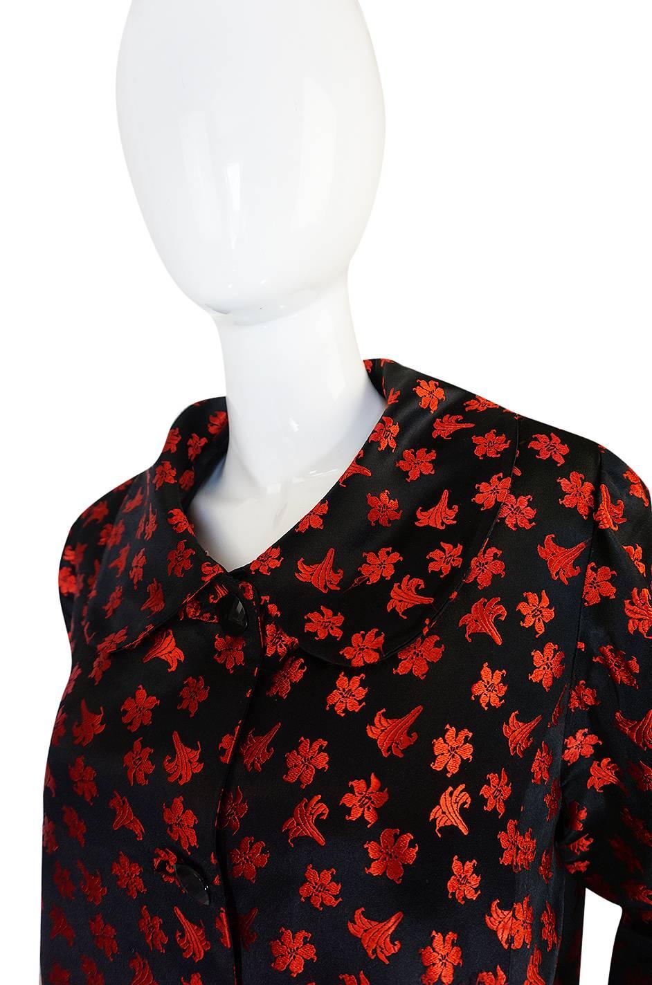 1950s Black Silk w Red Embroidered Floral Detail Swing Coat 2