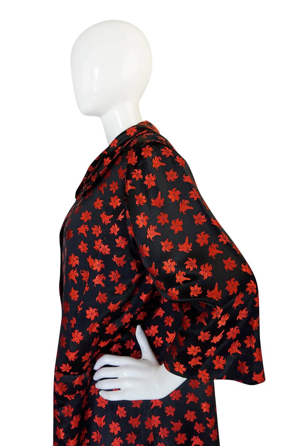 1950s Black Silk w Red Embroidered Floral Detail Swing Coat 3