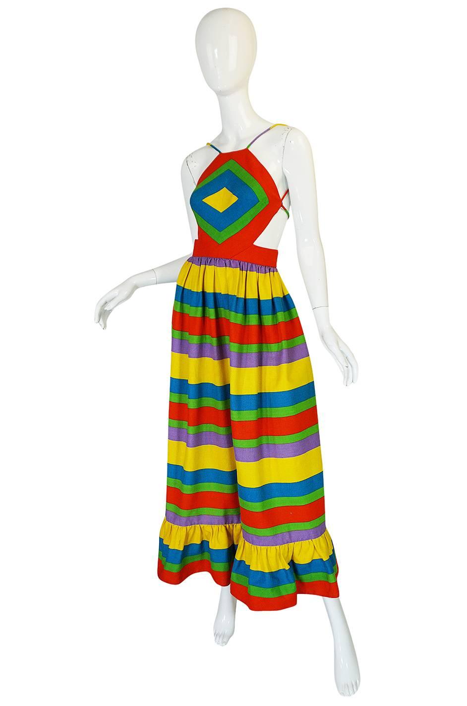 Brown 1970s Oscar de la Renta Backless Rainbow Striped Halter Dress