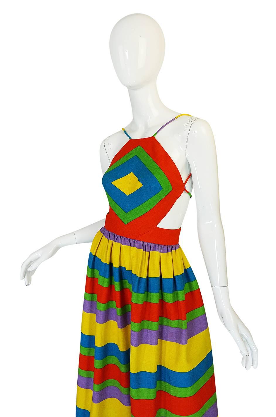 1970s Oscar de la Renta Backless Rainbow Striped Halter Dress 1