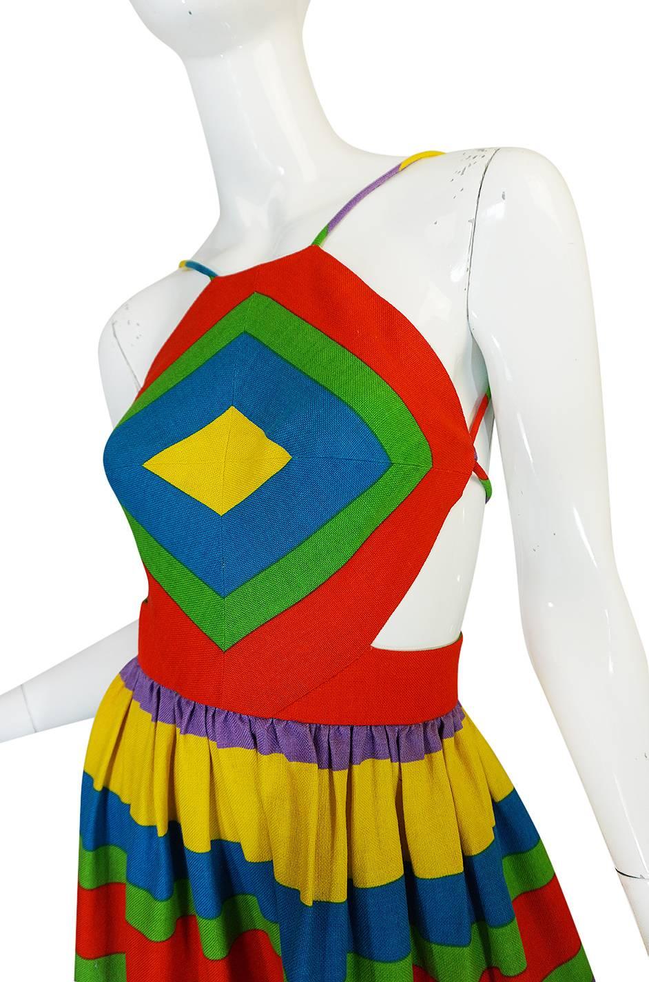 1970s Oscar de la Renta Backless Rainbow Striped Halter Dress 2
