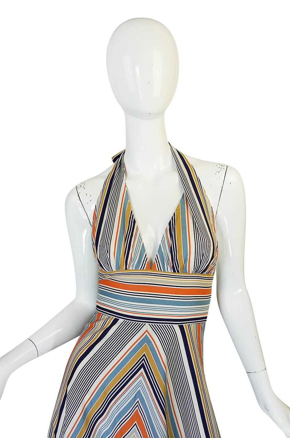 1970s Backless Cotton Striped Halter Top Maxi Sun Dress In Excellent Condition In Rockwood, ON