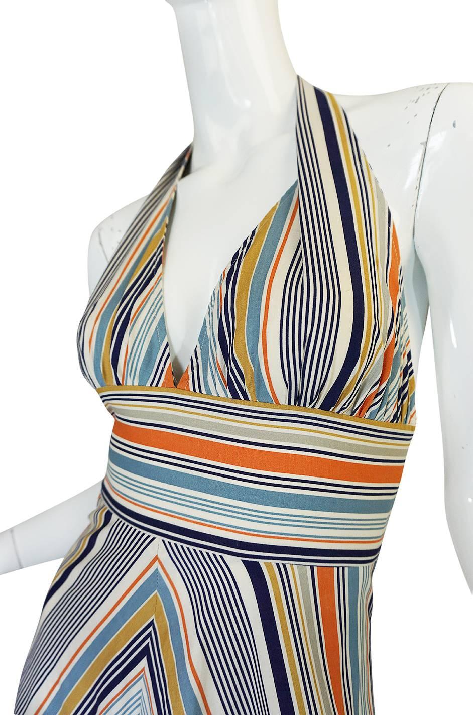 1970s Backless Cotton Striped Halter Top Maxi Sun Dress 1