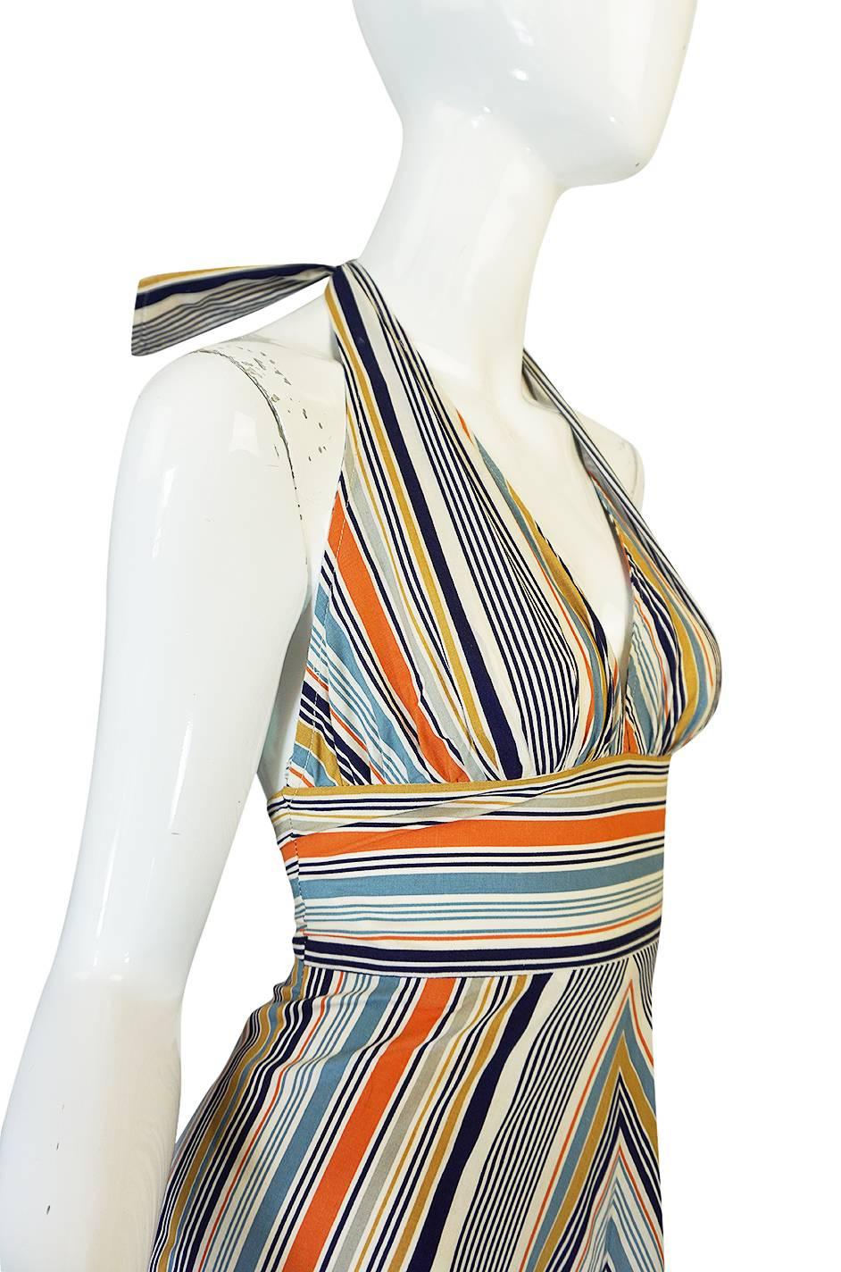 1970s Backless Cotton Striped Halter Top Maxi Sun Dress 2