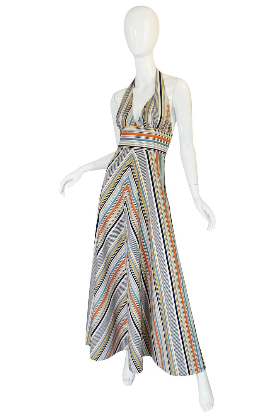 Gray 1970s Backless Cotton Striped Halter Top Maxi Sun Dress