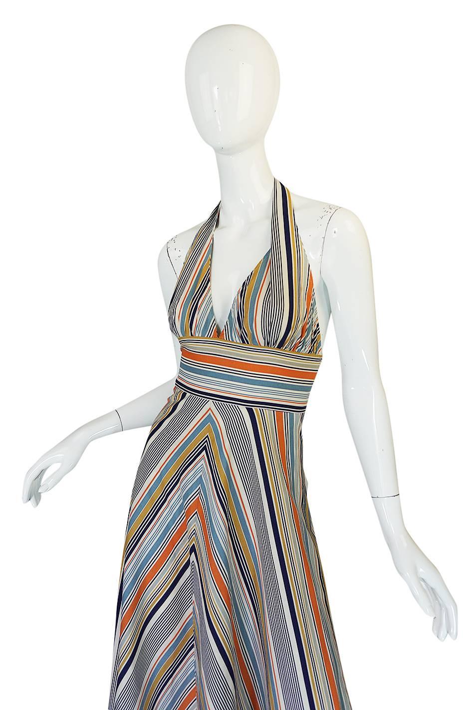 Women's 1970s Backless Cotton Striped Halter Top Maxi Sun Dress