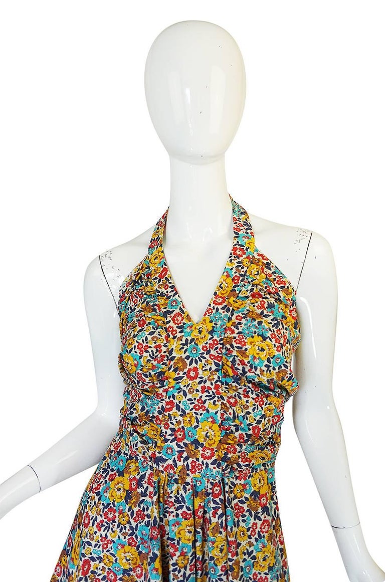 Rare 1970s Annacat Floral Print Cotton Backless Halter Dress For Sale ...