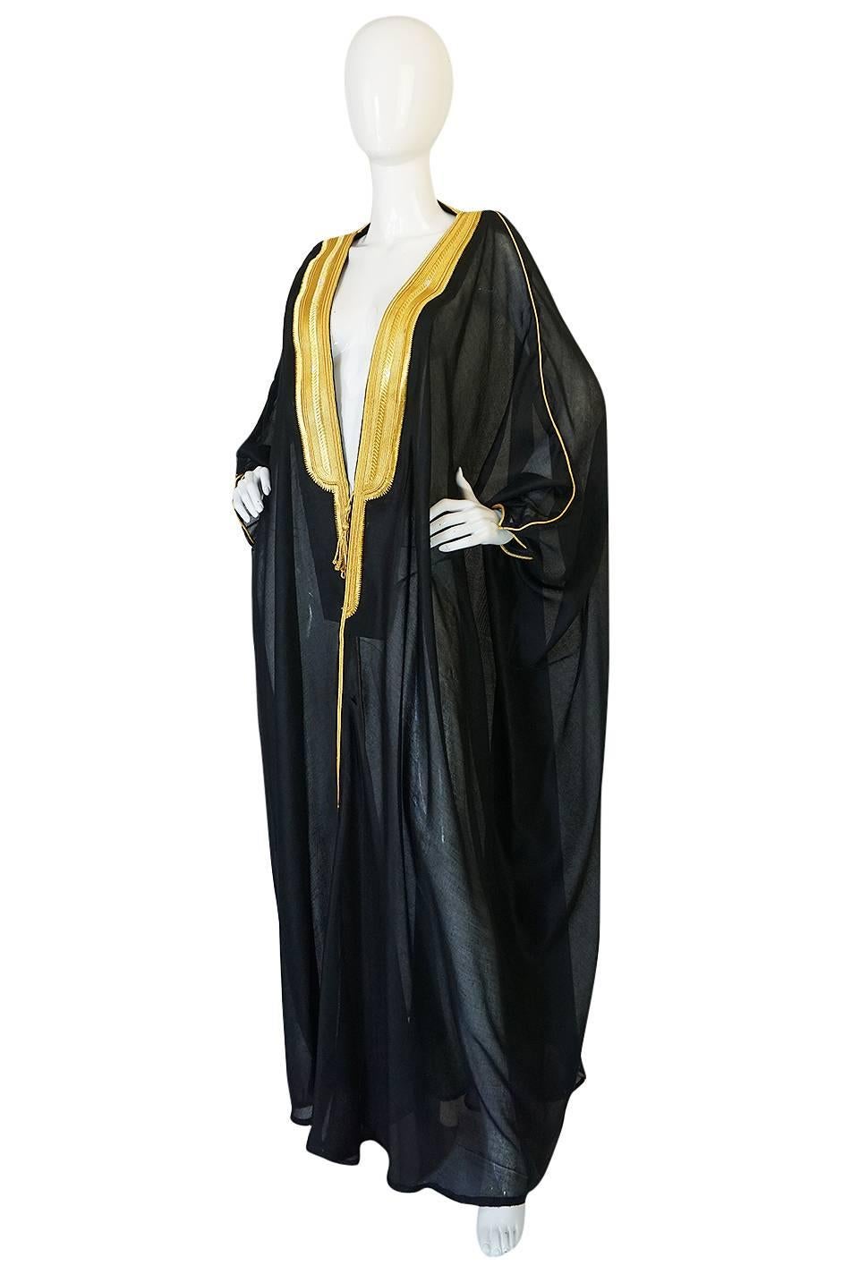 1970s Black Caftan w Gold Thread Embroidered Trim & Edging In Excellent Condition In Rockwood, ON