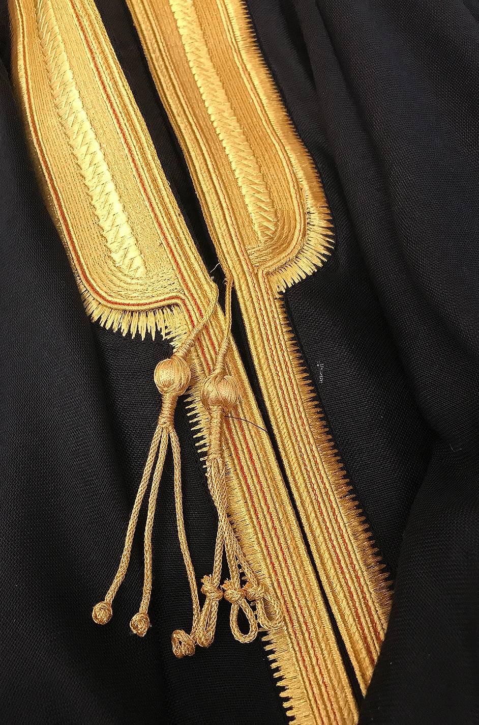 1970s Black Caftan w Gold Thread Embroidered Trim & Edging 3