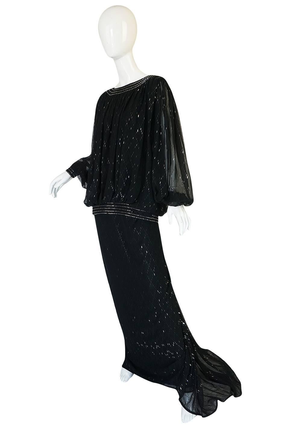 Black 1980s Wayne Clark Backless Silver Glitter Trained Chiffon Dress