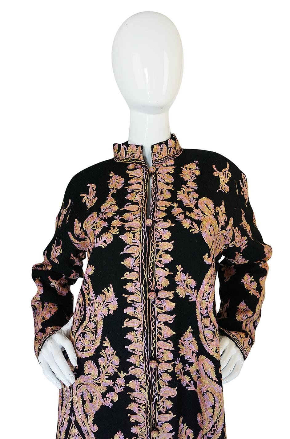 1960s Pastel Crewel Embroidered Detailing Black Jacket 1