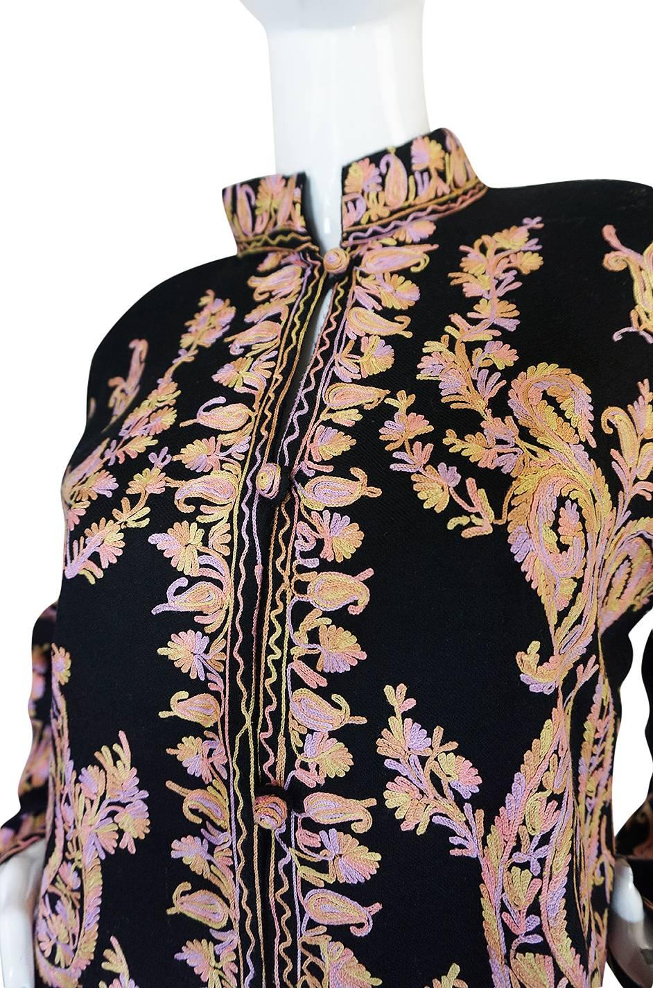 1960s Pastel Crewel Embroidered Detailing Black Jacket 3