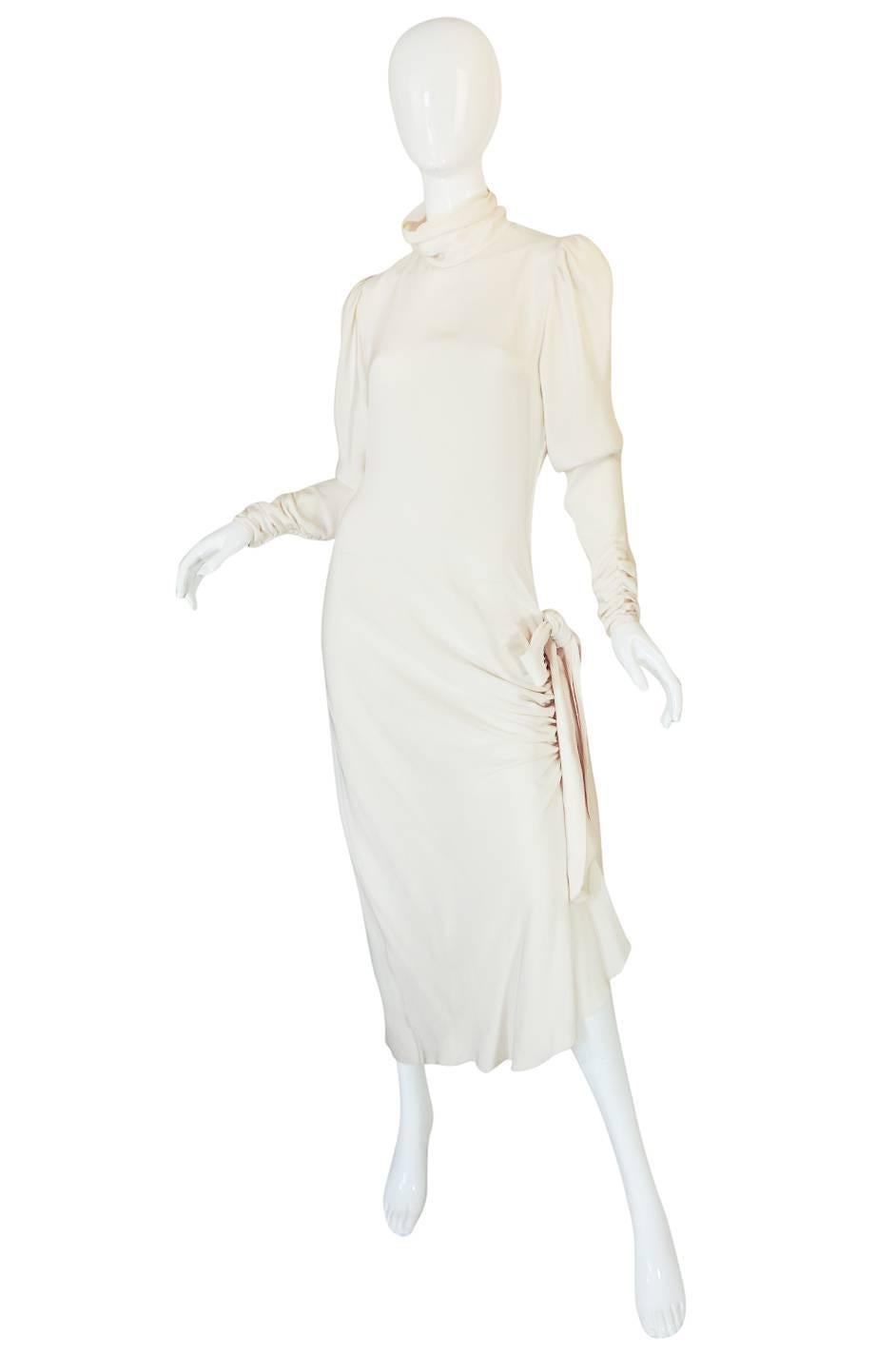 Beige 1980s Ivory Silk Dress with Couture Level Finishes