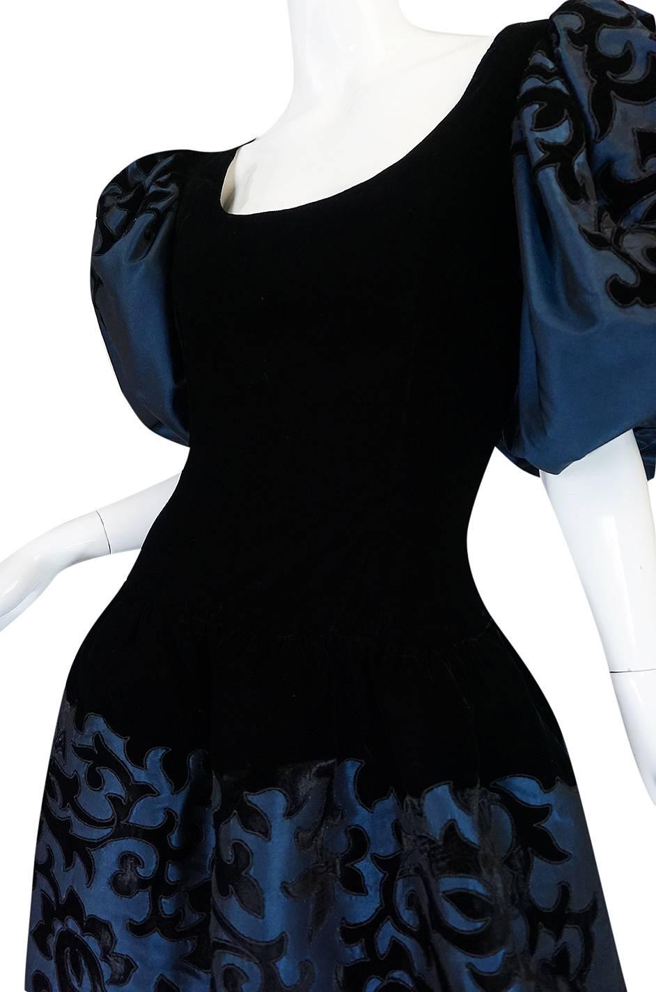 1980s Oscar de la Renta Deep Blue Silk & Velvet Applique Dress 1