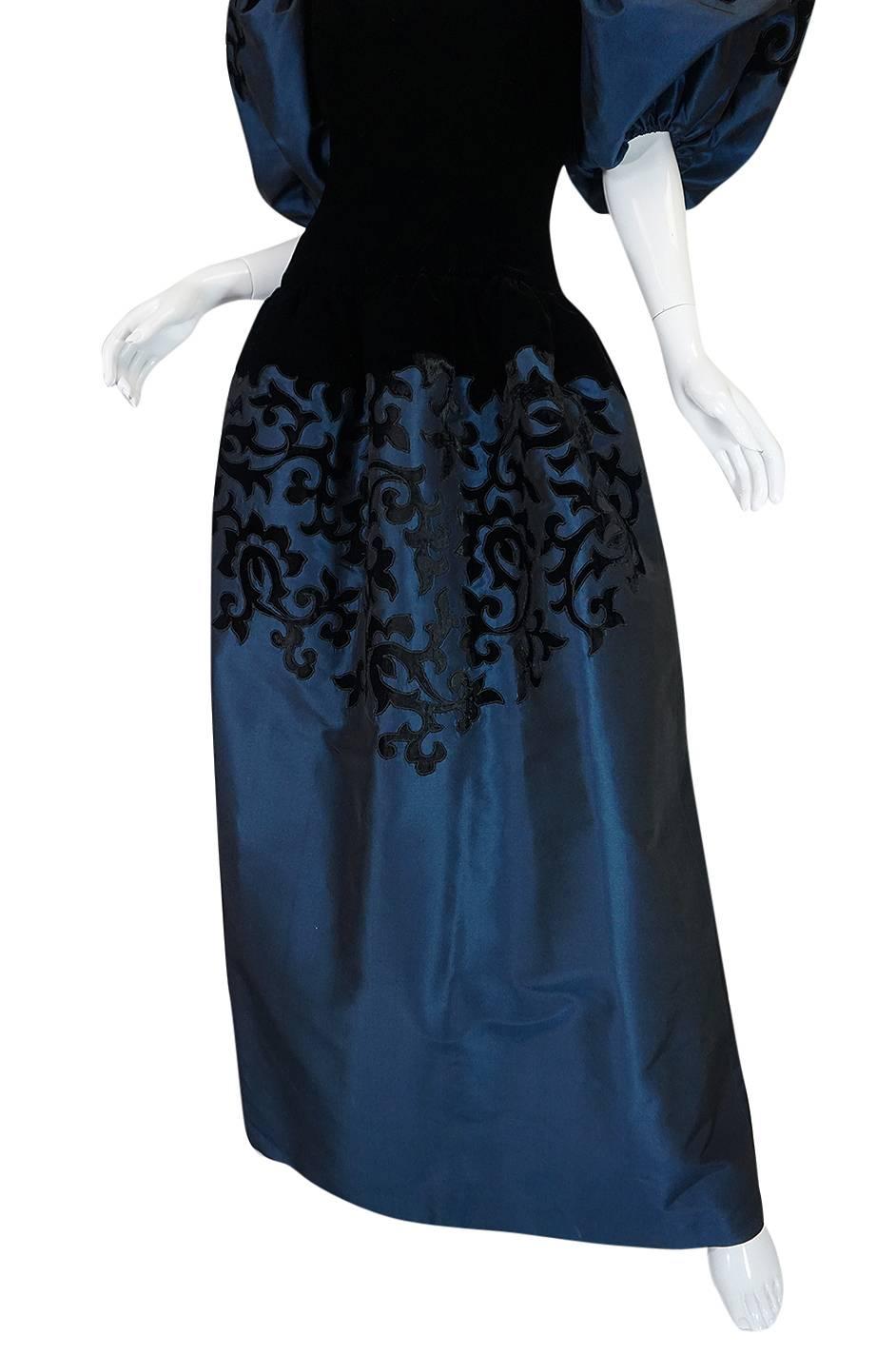 1980s Oscar de la Renta Deep Blue Silk & Velvet Applique Dress 2