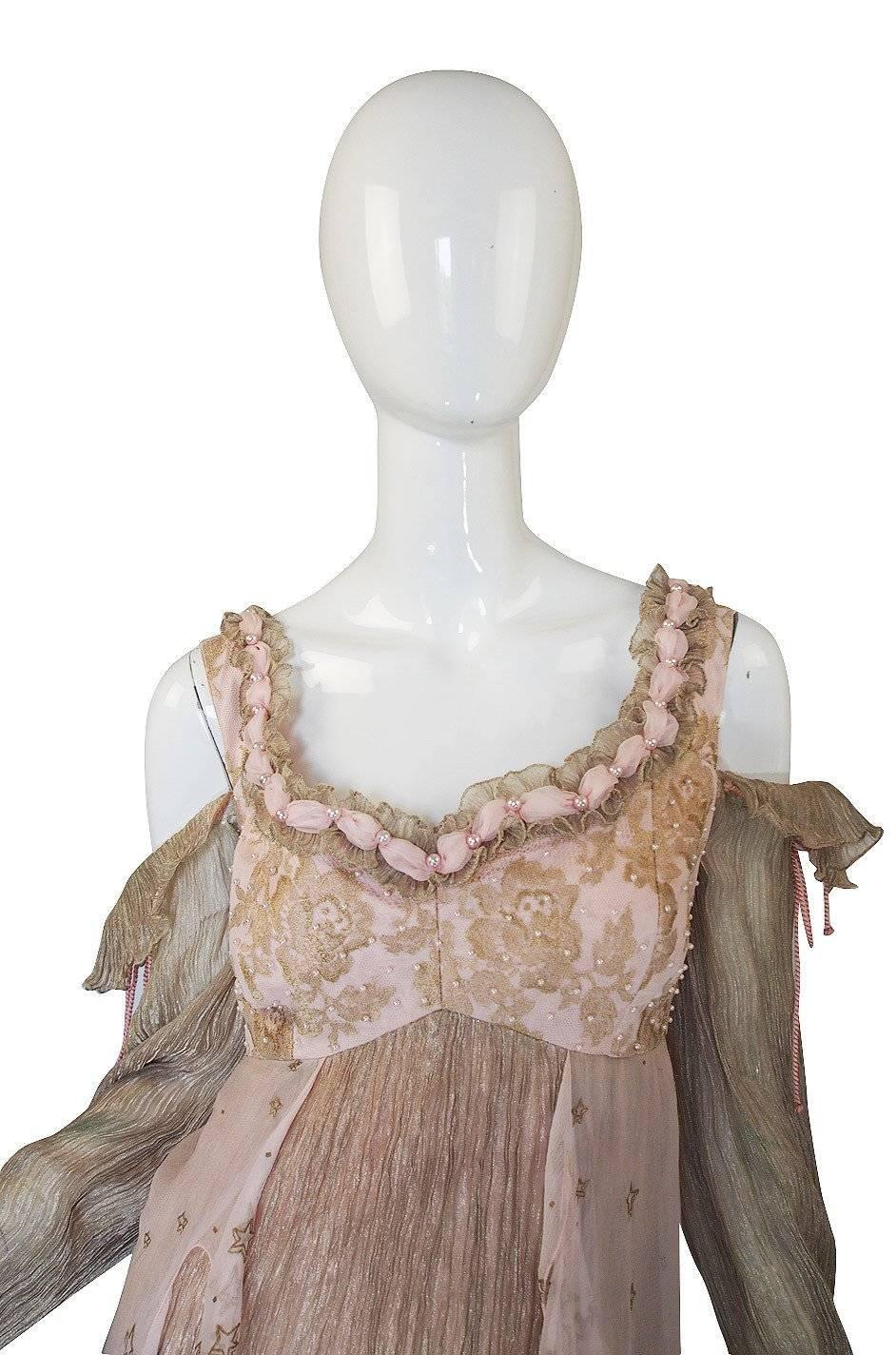 Beige 1970s Zandra Rhodes Hand Painted Silk Gown