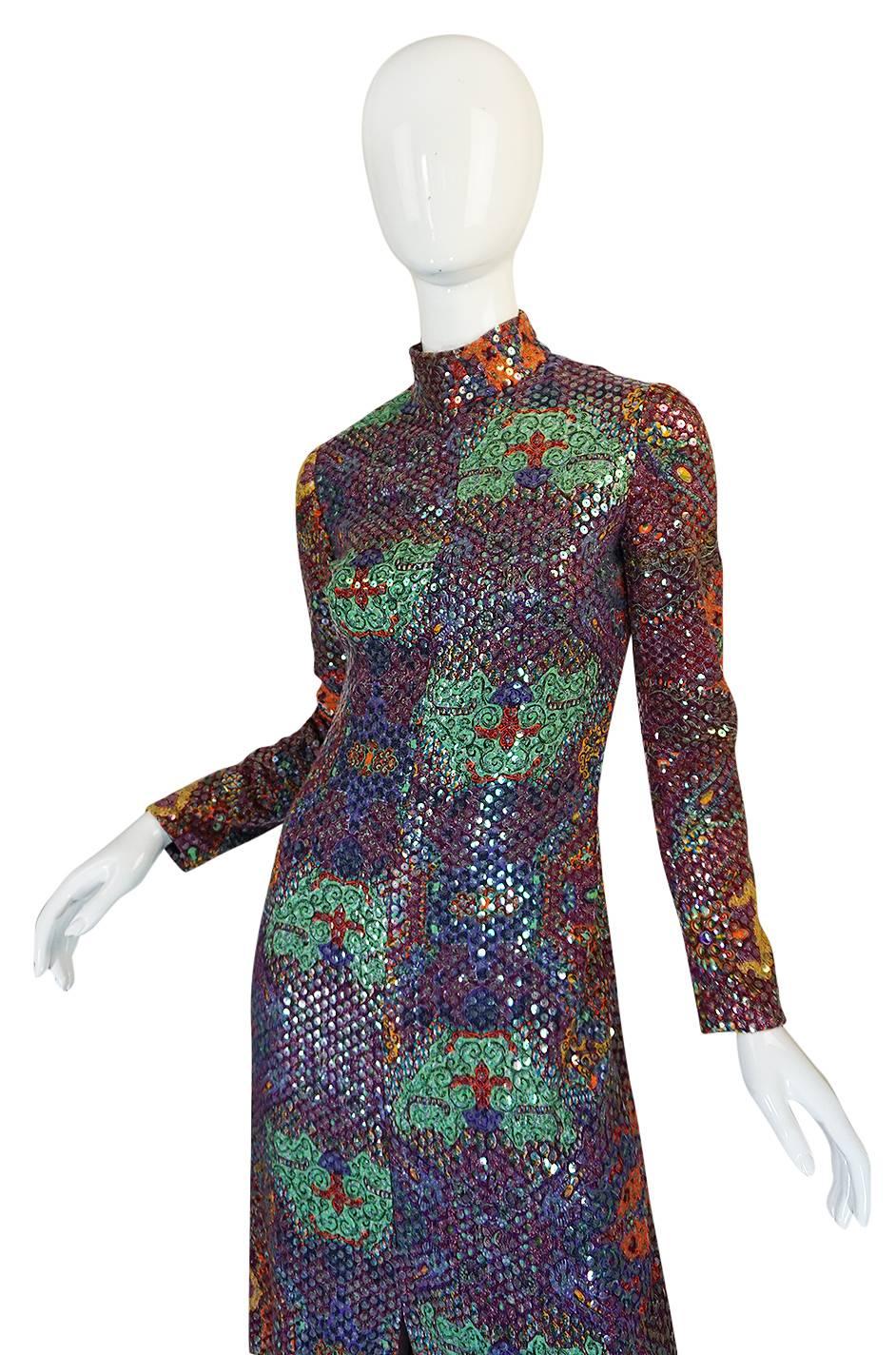 Documented 1971 Malcolm Starr Sequin Covered Dress In Excellent Condition In Rockwood, ON