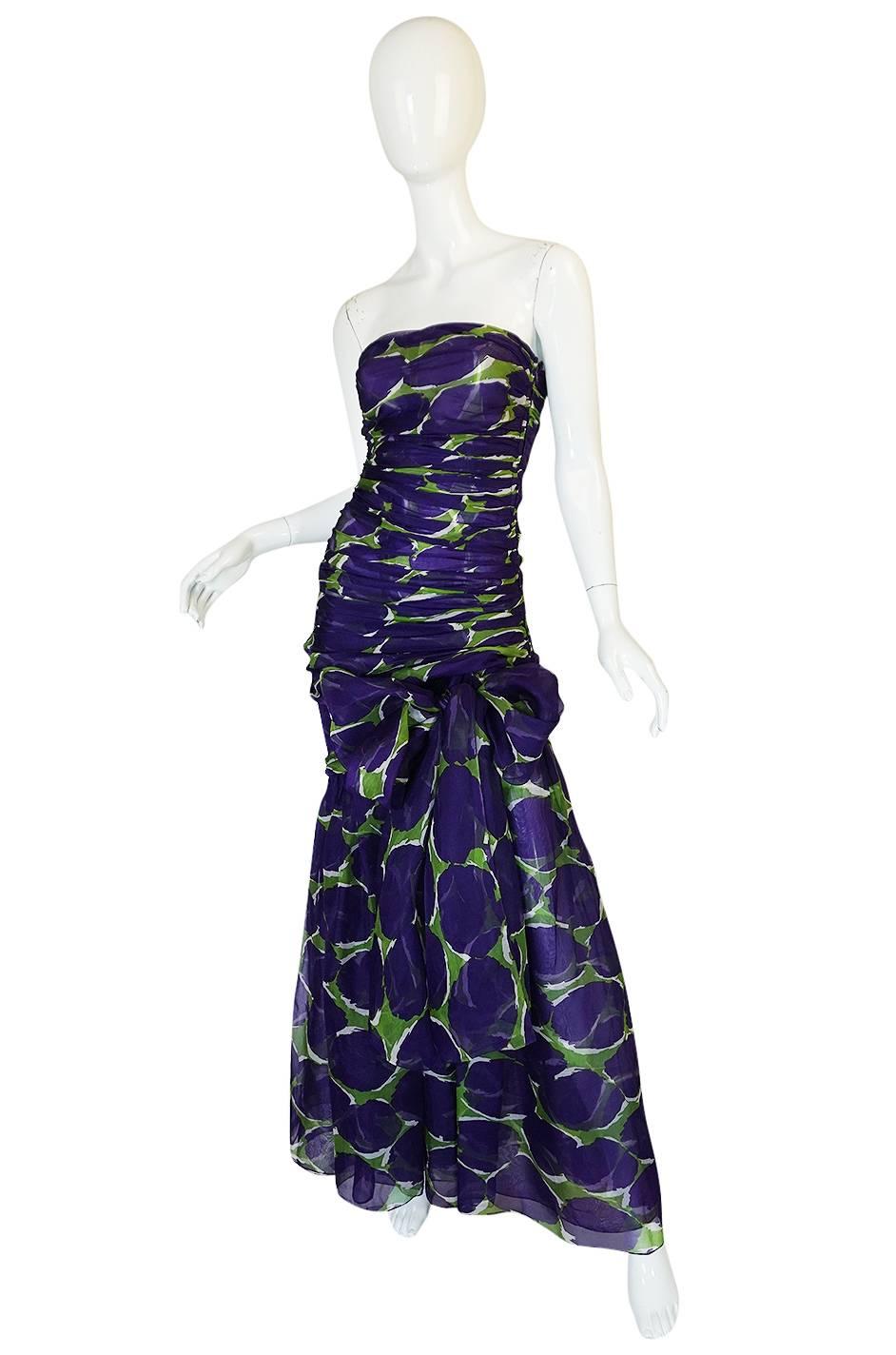 Black c1985 Yves Saint Laurent Purple & Green Silk Voile Strapless Dress