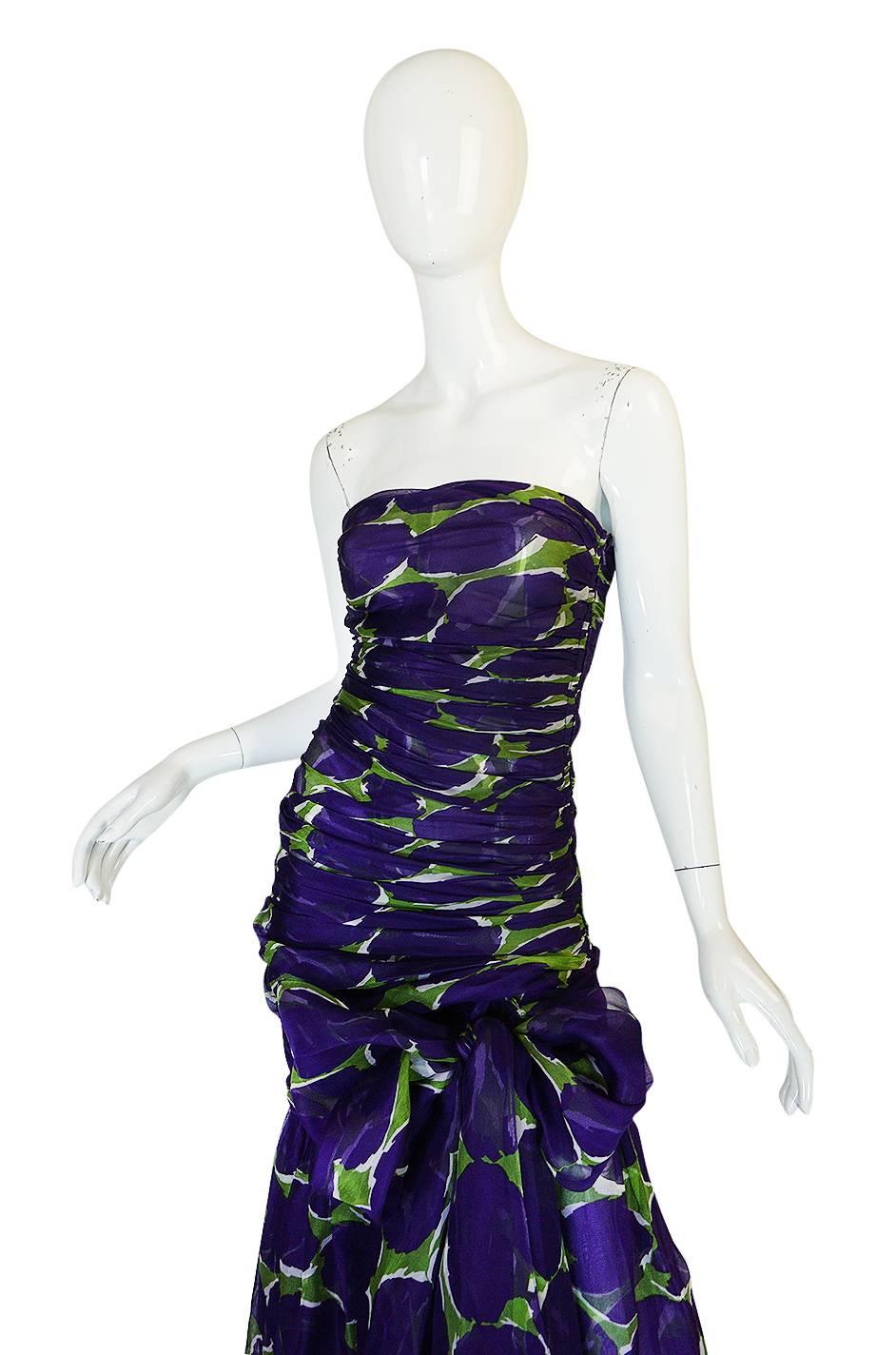 c1985 Yves Saint Laurent Purple & Green Silk Voile Strapless Dress In Excellent Condition In Rockwood, ON