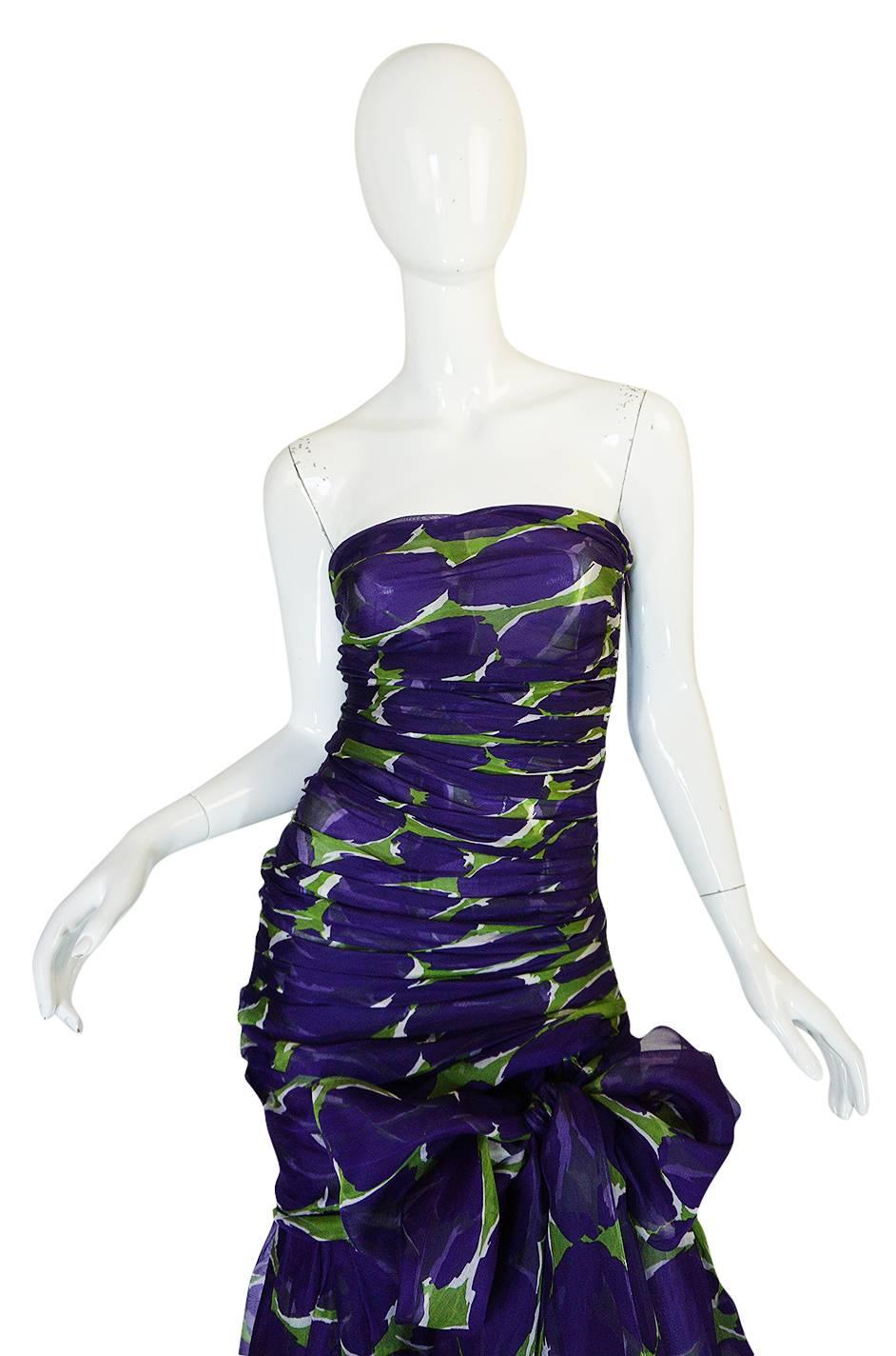 Women's c1985 Yves Saint Laurent Purple & Green Silk Voile Strapless Dress