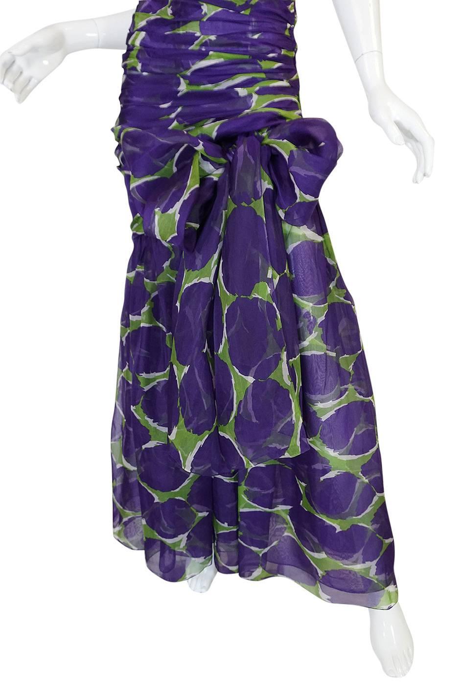 c1985 Yves Saint Laurent Purple & Green Silk Voile Strapless Dress 1
