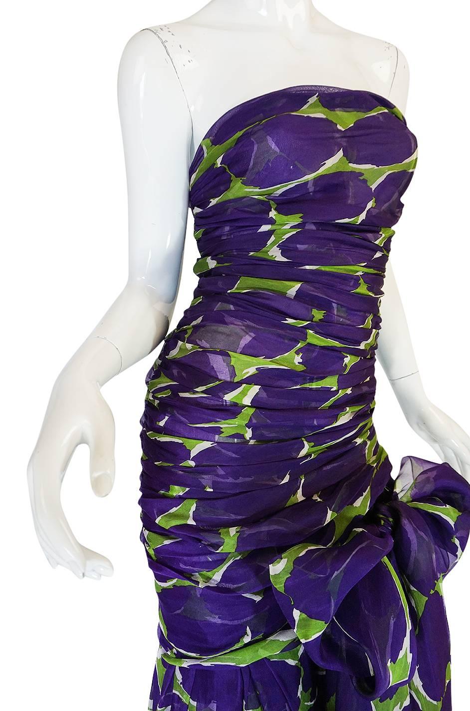 c1985 Yves Saint Laurent Purple & Green Silk Voile Strapless Dress 2