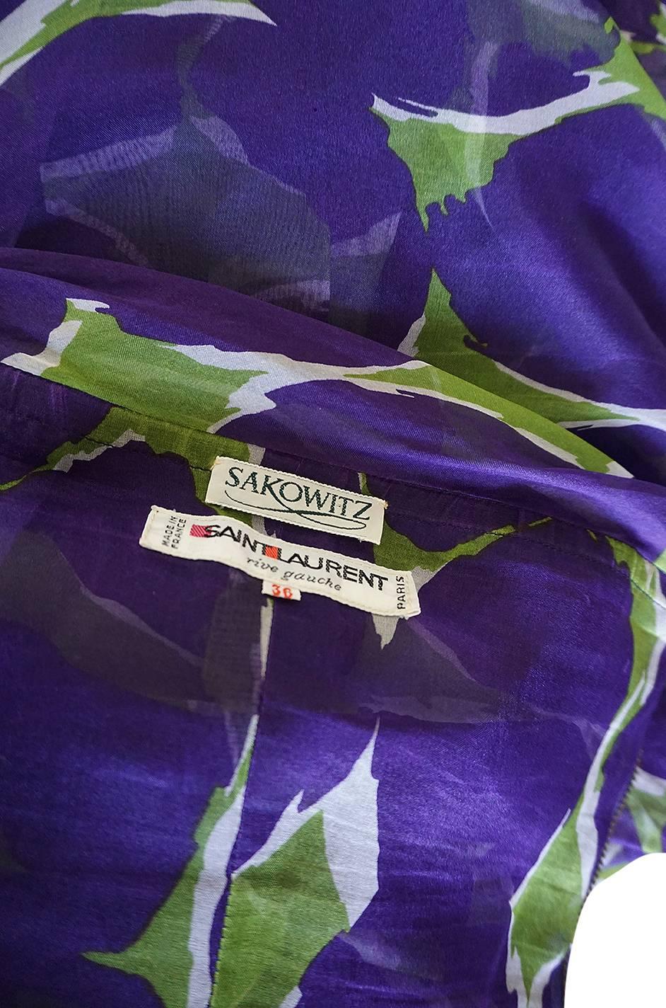 c1985 Yves Saint Laurent Purple & Green Silk Voile Strapless Dress 4
