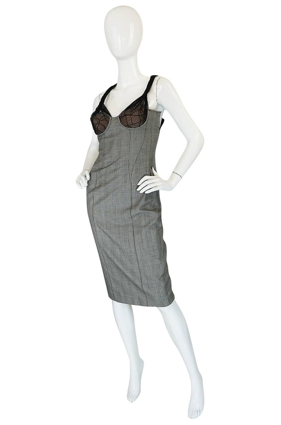Gray S/S 1998 Gianni Versace Couture Houndstooth Dress w Lace Cups