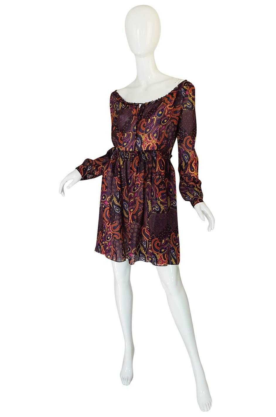 Black Early 2000s Miu Miu Cotton Voile Purple Paisley Print Dress