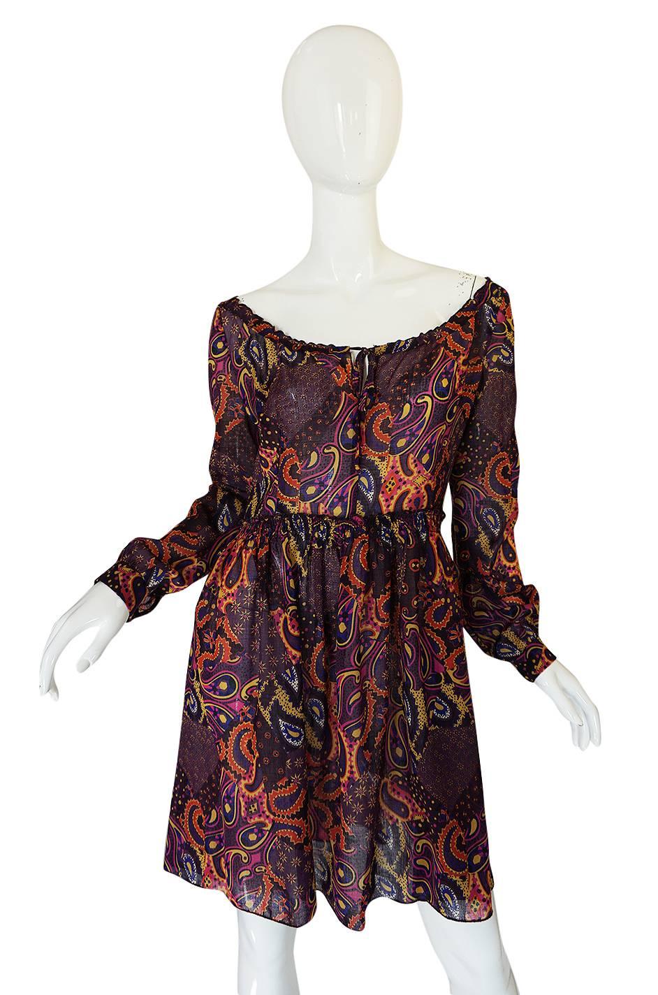 Early 2000s Miu Miu Cotton Voile Purple Paisley Print Dress In Excellent Condition In Rockwood, ON