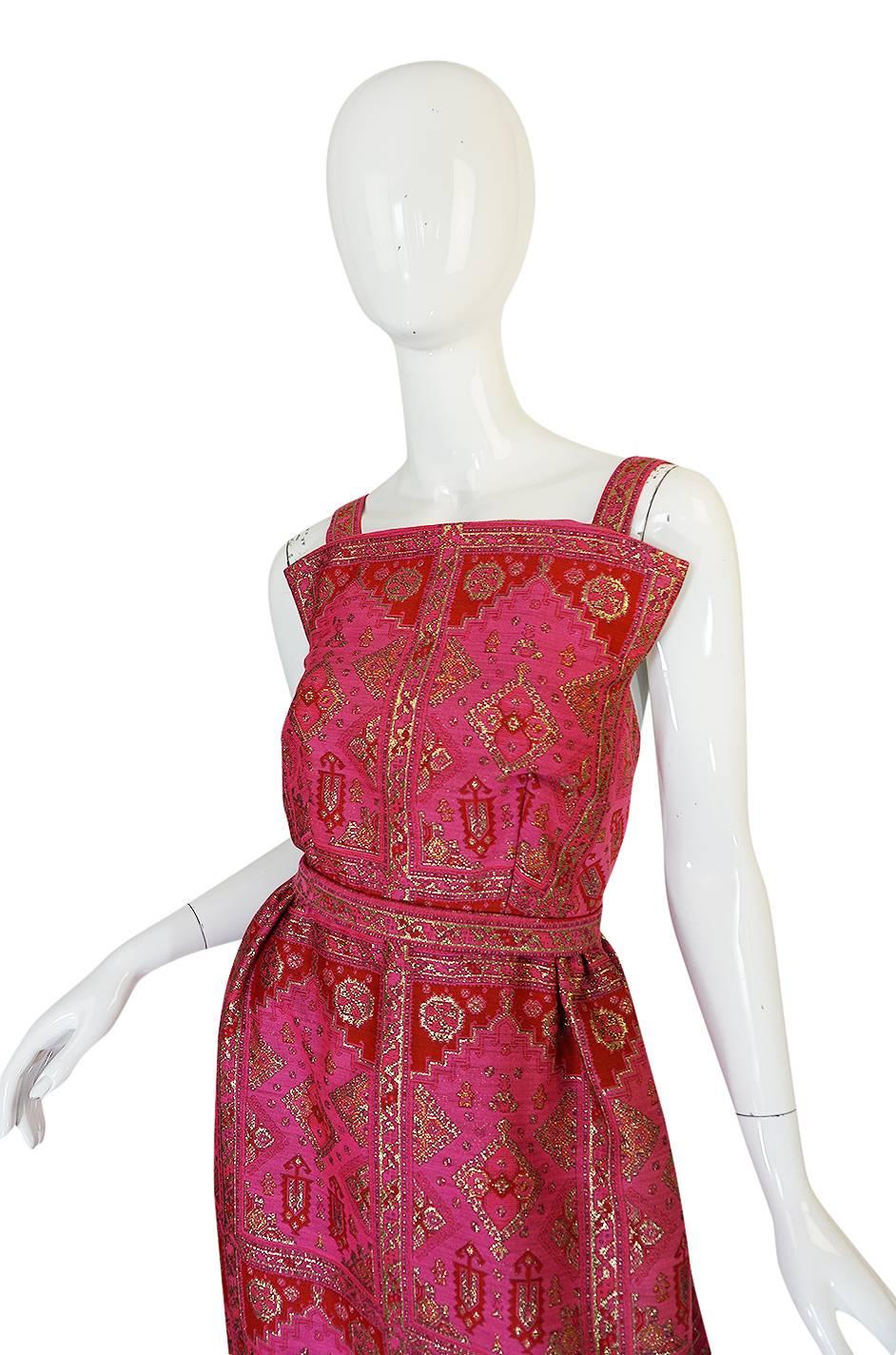 Unusual 1960s Backless Pink & Gold Metallic Brocade Dress 1