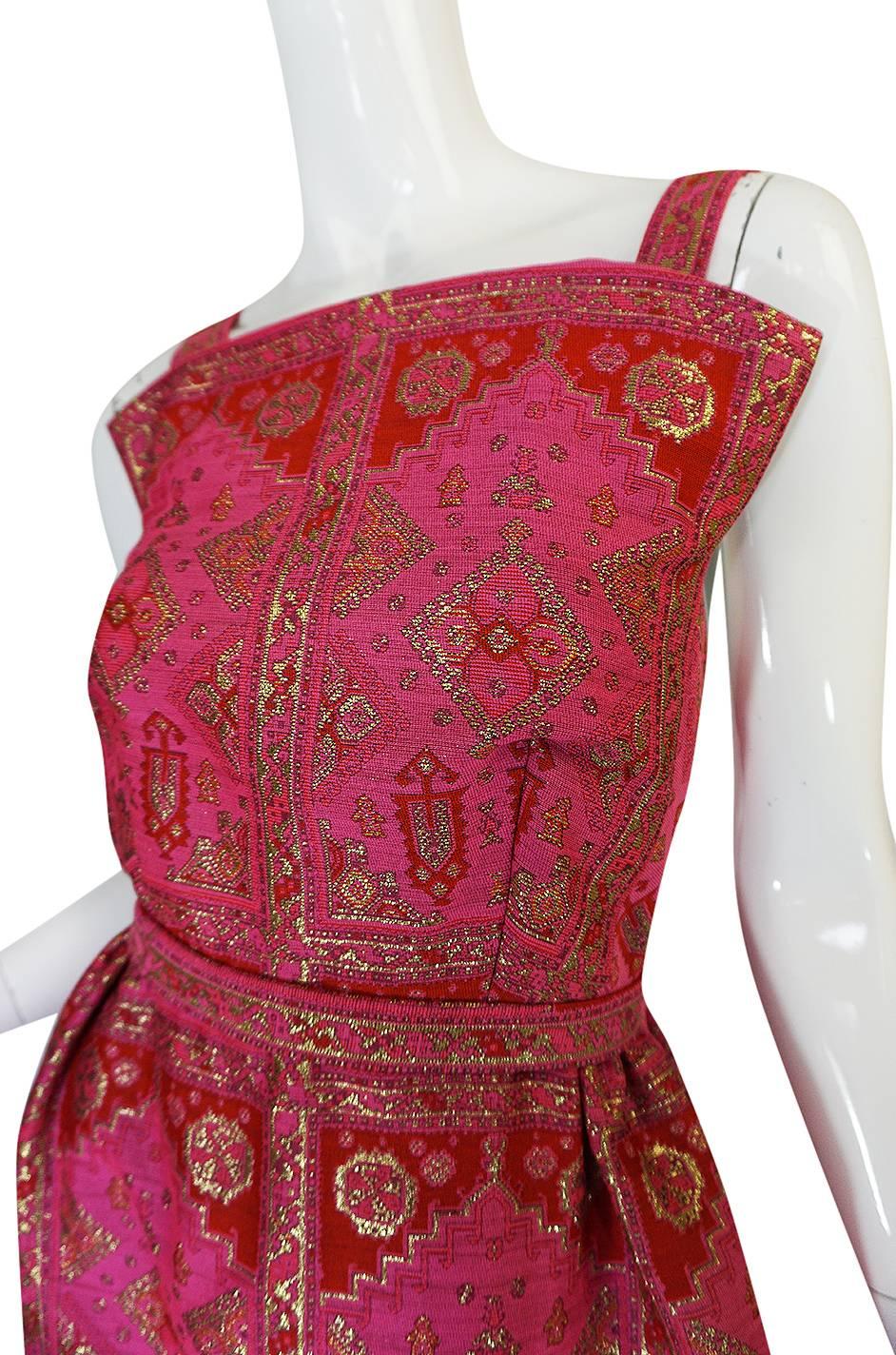 Unusual 1960s Backless Pink & Gold Metallic Brocade Dress 2