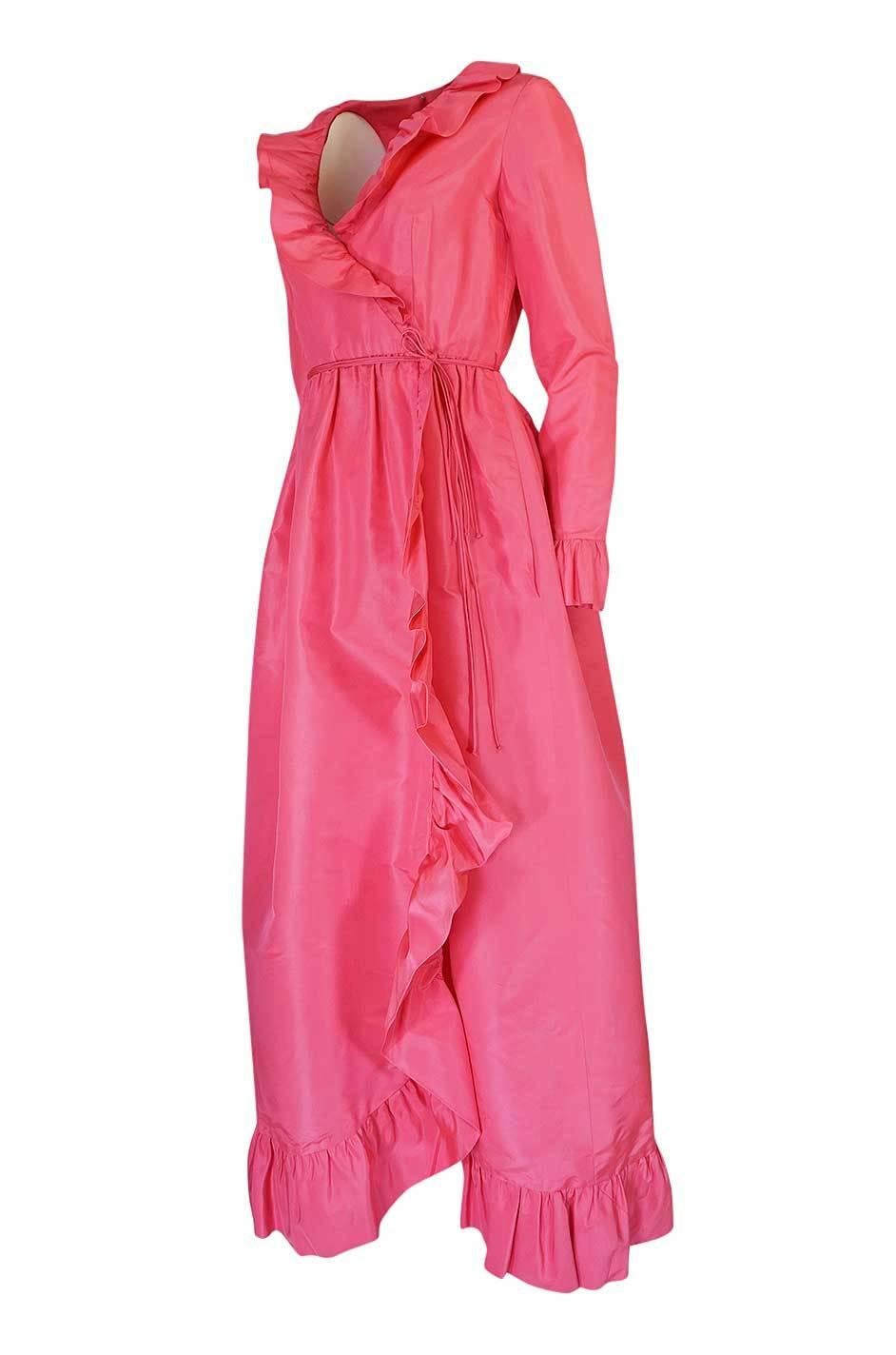 Women's 1970s Mollie Parnis Pink Silk Taffeta Dress w Ruffle Detailing