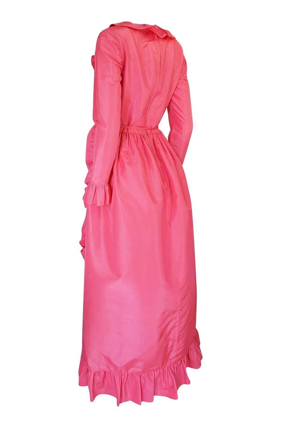 1970s Mollie Parnis Pink Silk Taffeta Dress w Ruffle Detailing 1