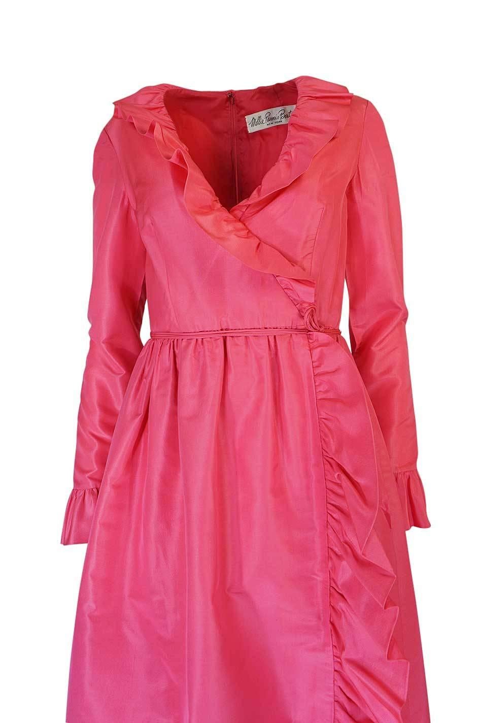 1970s Mollie Parnis Pink Silk Taffeta Dress w Ruffle Detailing 2