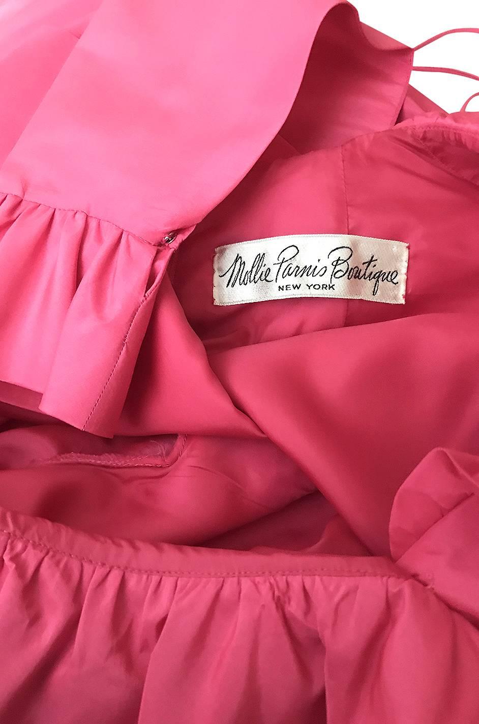1970s Mollie Parnis Pink Silk Taffeta Dress w Ruffle Detailing 4