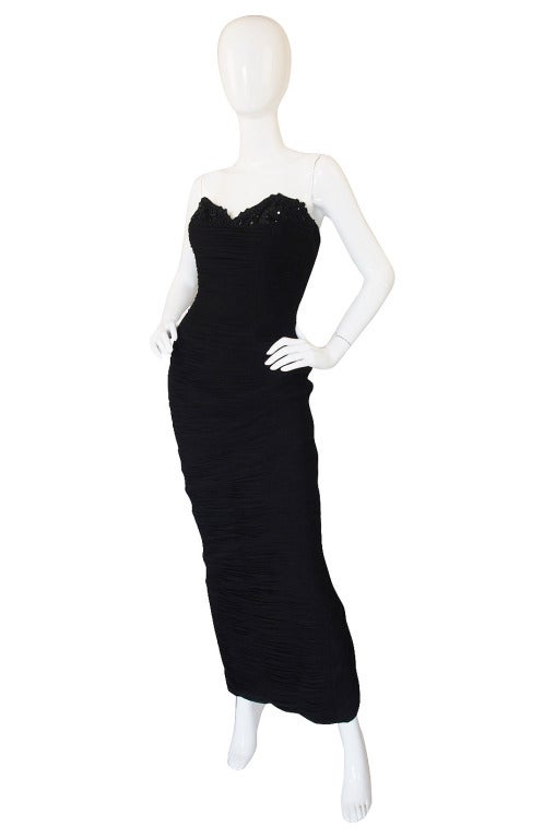 Black 1980s Vicky Tiel Couture Ruched Silk Chiffon Beaded Dress For Sale