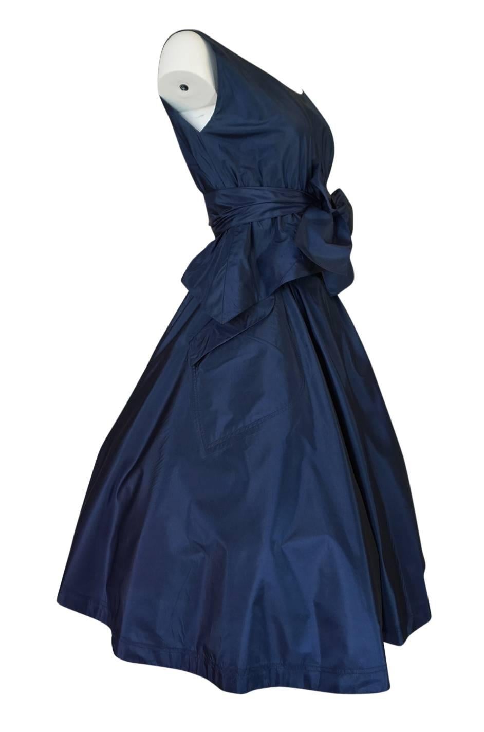 1950s Pauline Trigere Blue Silk Taffeta Cocktail Skirt, Top & Sash In Excellent Condition In Rockwood, ON