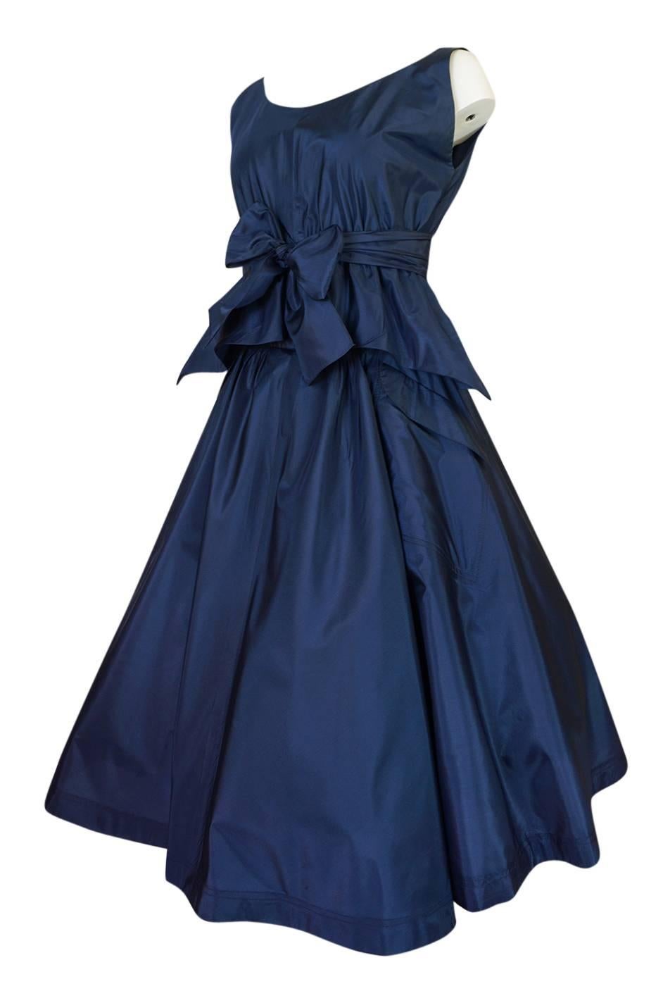 Women's 1950s Pauline Trigere Blue Silk Taffeta Cocktail Skirt, Top & Sash