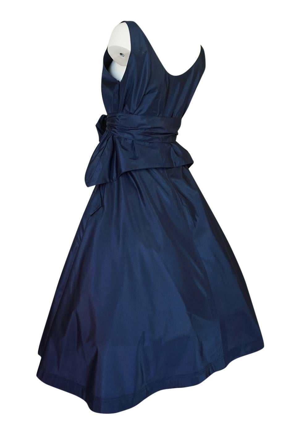 1950s Pauline Trigere Blue Silk Taffeta Cocktail Skirt, Top & Sash 1