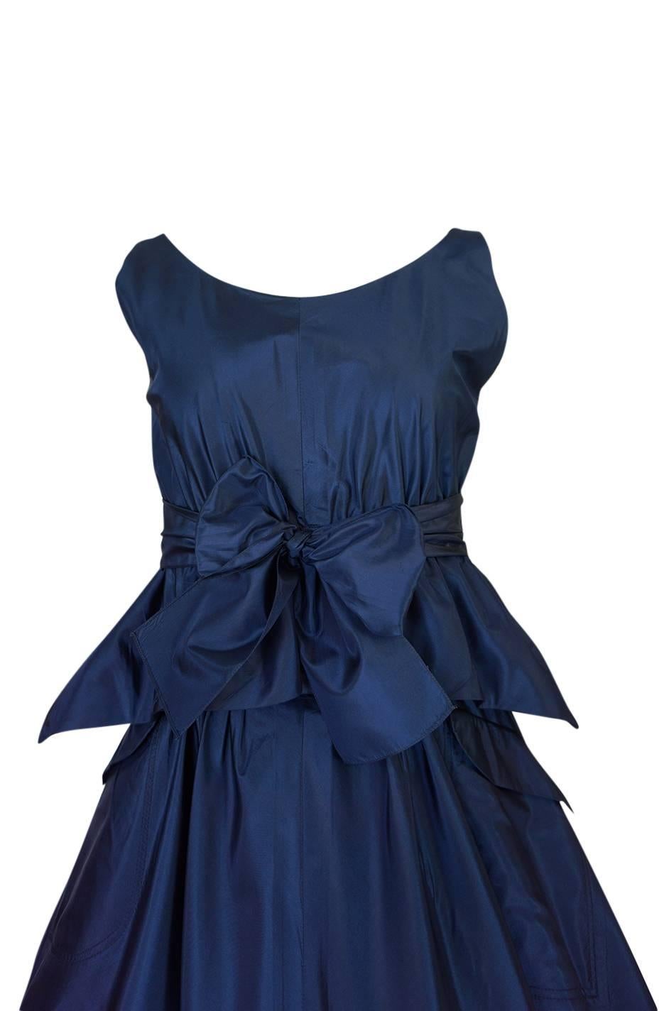 1950s Pauline Trigere Blue Silk Taffeta Cocktail Skirt, Top & Sash 2