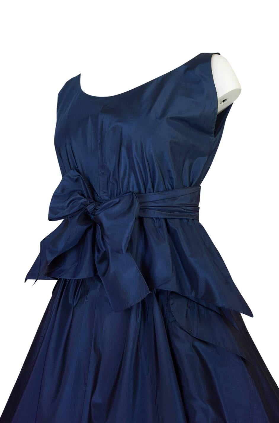 1950s Pauline Trigere Blue Silk Taffeta Cocktail Skirt, Top & Sash 4